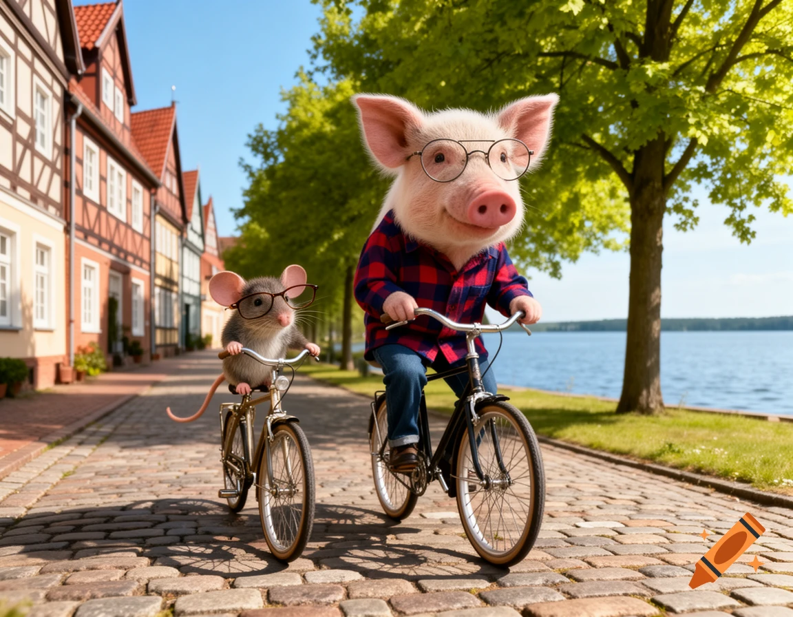 An anthropomorphic pig in a plaid shirt and glasses rides a bicycle alongside a small mouse in glasses on a cobblestone path by a lake.
