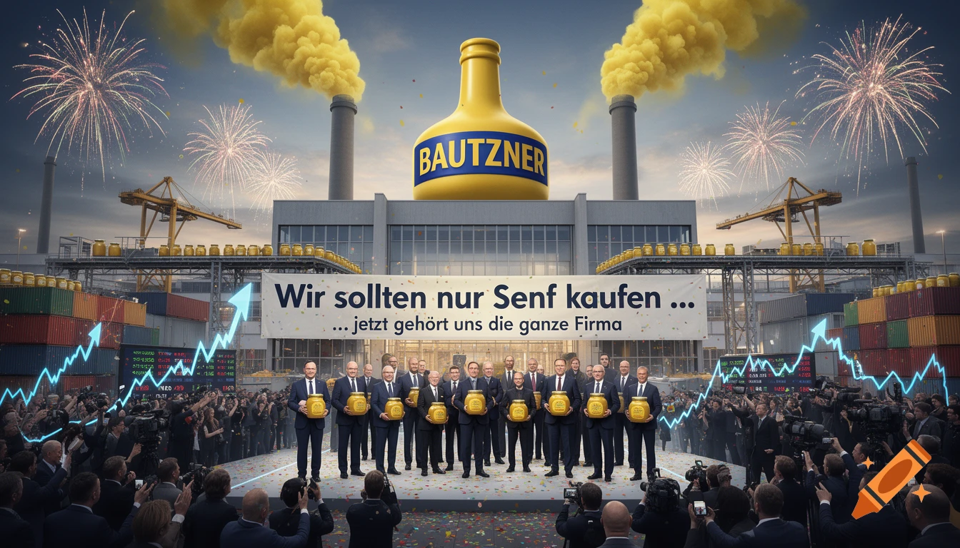 A satirical, photorealistic scene of a massive Bautzner mustard factory with yellow smoke and a corporate press conference.