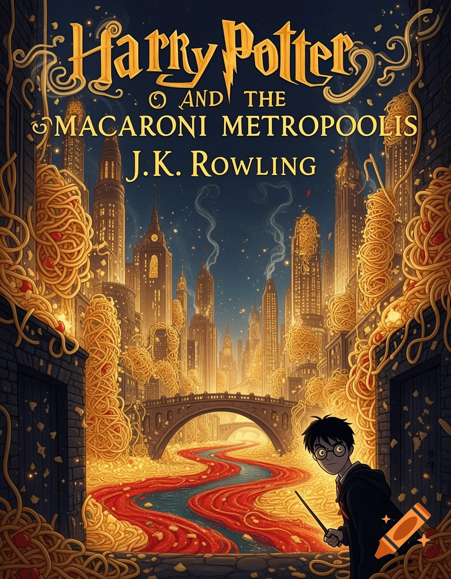 Harry Potter book cover, 'Macaroni Metropolis,' featuring Harry Potter in a pasta city with a red sauce river, stylized.