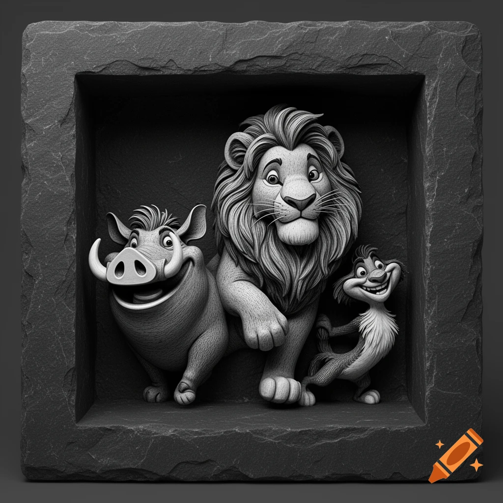 Grayscale stone relief of Simba, Pumbaa, and Timon from The Lion King, set within a dark stone niche.