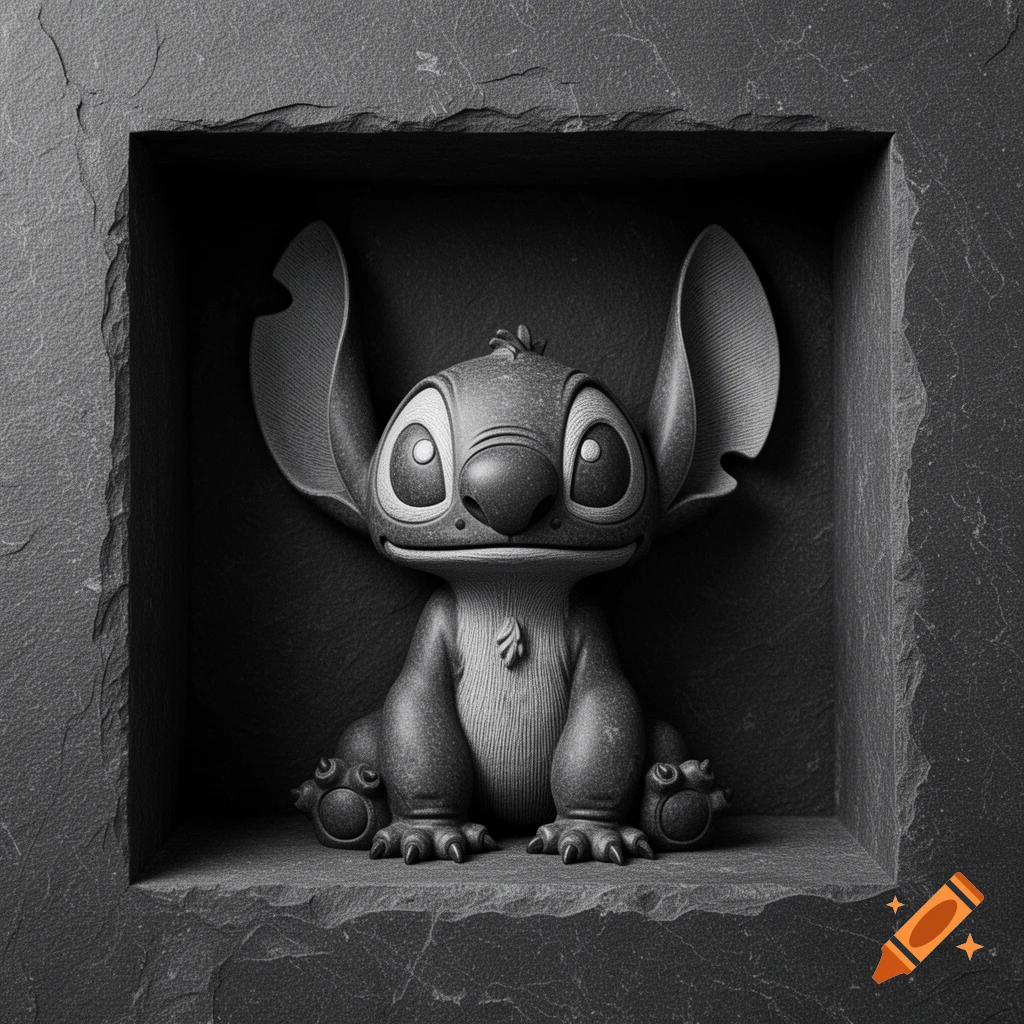 Grayscale 3D relief sculpture of Stitch carved from dark slate, set in a stone niche.
