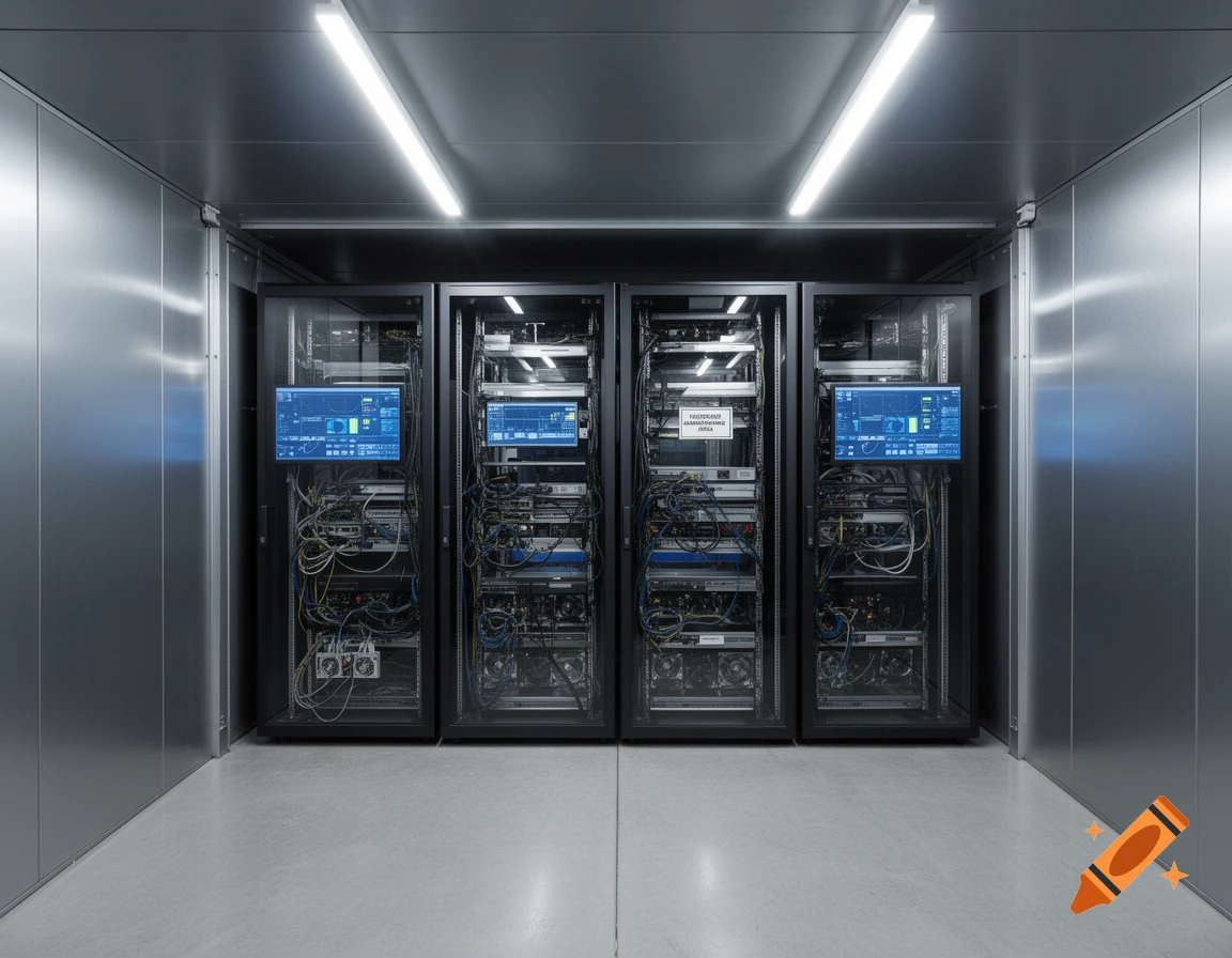 Four server racks with screens displaying data in a modern, metallic server room.
