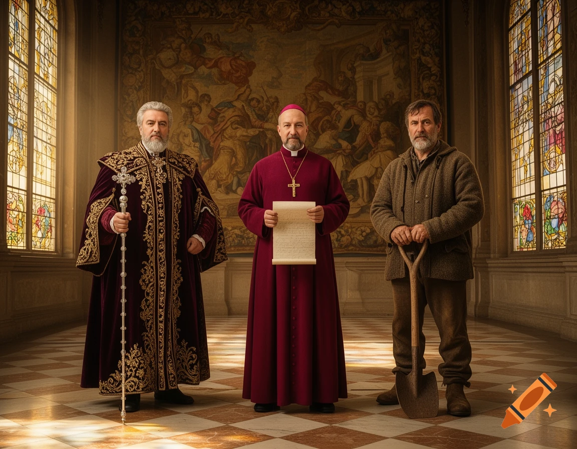 Three men in historical attire: a nobleman with a staff, a bishop with a scroll, and a commoner with a spade, in a grand hall.