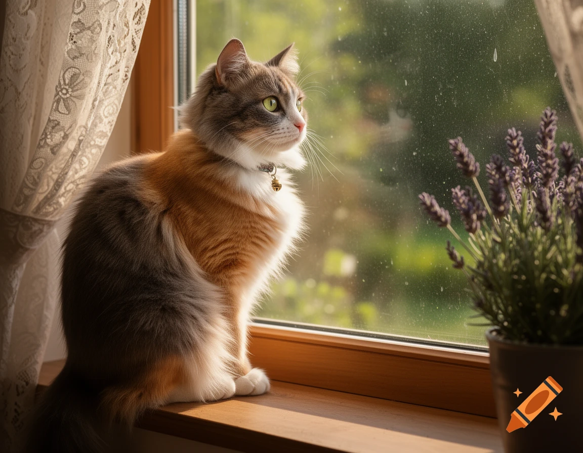 A fluffy calico cat with green eyes sits on a wooden windowsill, looking out a window next to a lavender plant.