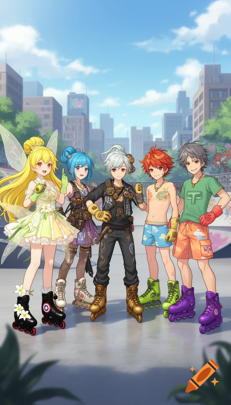 Five anime-style characters, two girls and three boys, wearing colorful rollerblades and unique outfits, standing in front of a city skyline and skate park.
