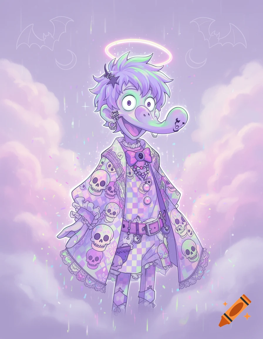 A pastel goth Gonzo the Great with purple hair, a skull-patterned coat, and a halo, surrounded by clouds and glitter.