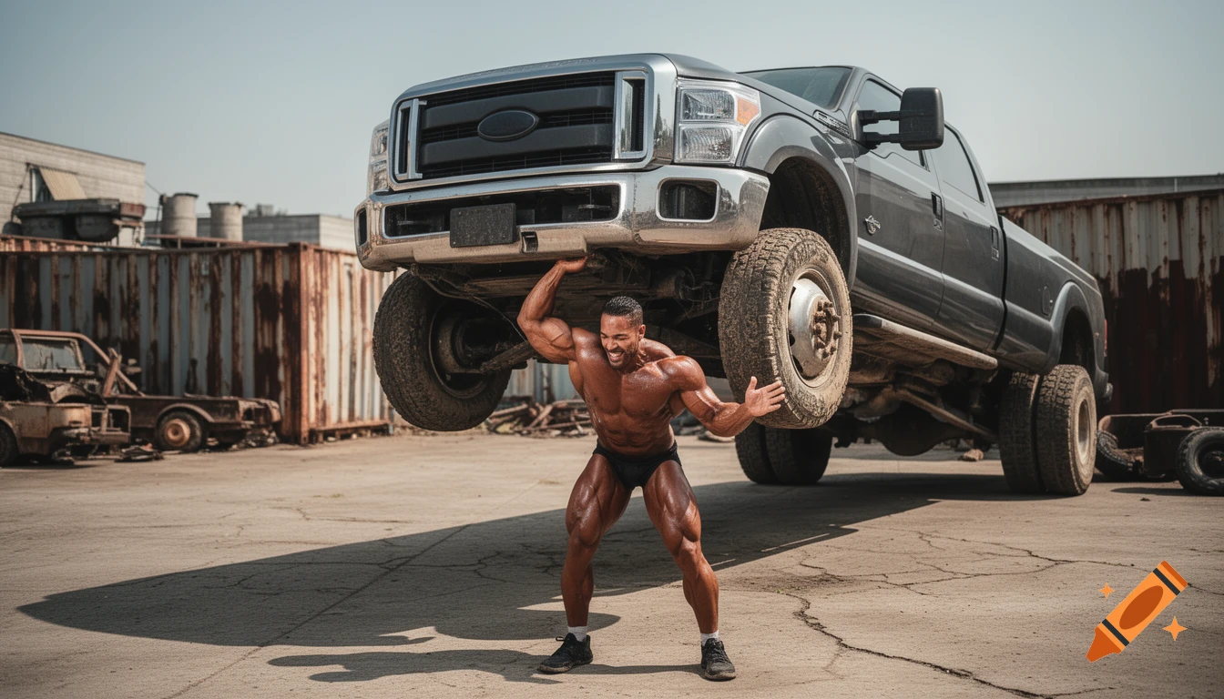 A muscular bodybuilder in black shorts lifts the front of a gray pickup truck in a dusty industrial yard.