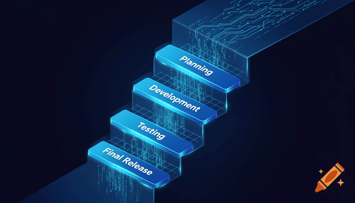 Isometric tech-themed waterfall diagram with blue steps labeled Planning, Development, Testing, and Final Release.