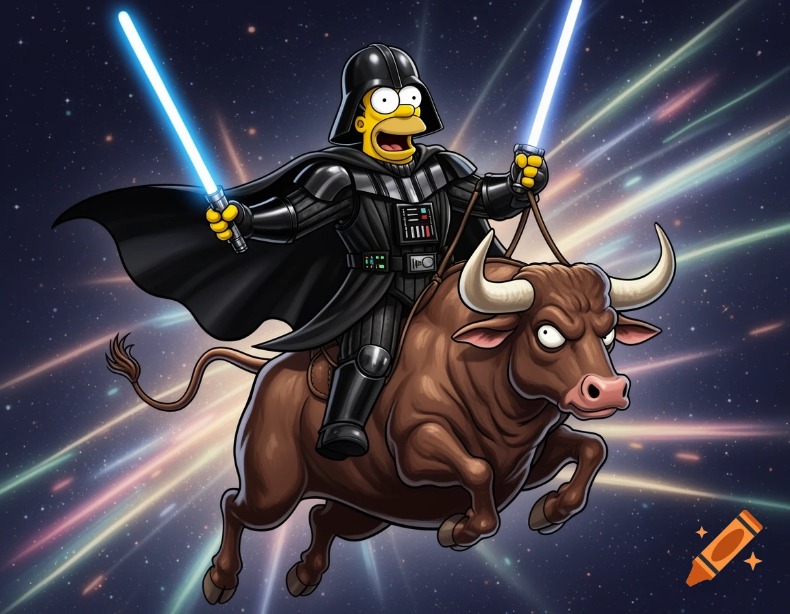 Cartoon Homer Simpson as Darth Vader, wielding two blue lightsabers, riding an angry brown bull through space.
