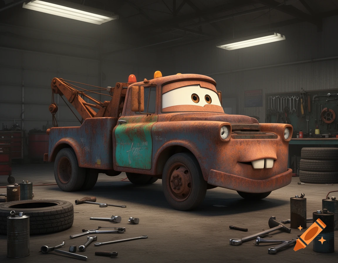 Mater, the rusty tow truck from Cars, in a dimly lit garage surrounded by tools and tires, depicted in a photorealistic animated style.