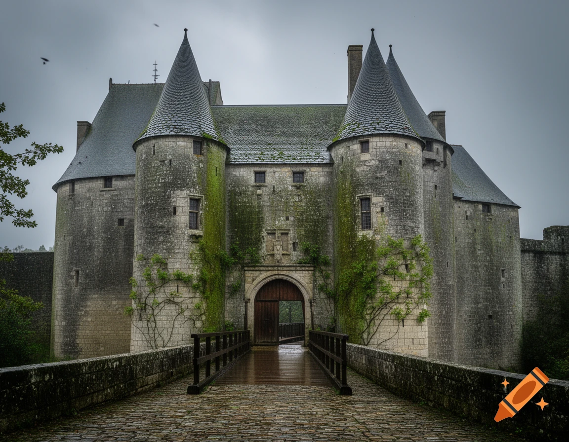 A moss-covered stone castle with two conical-roofed towers stands under a grey sky, viewed from a wet cobblestone bridge.
