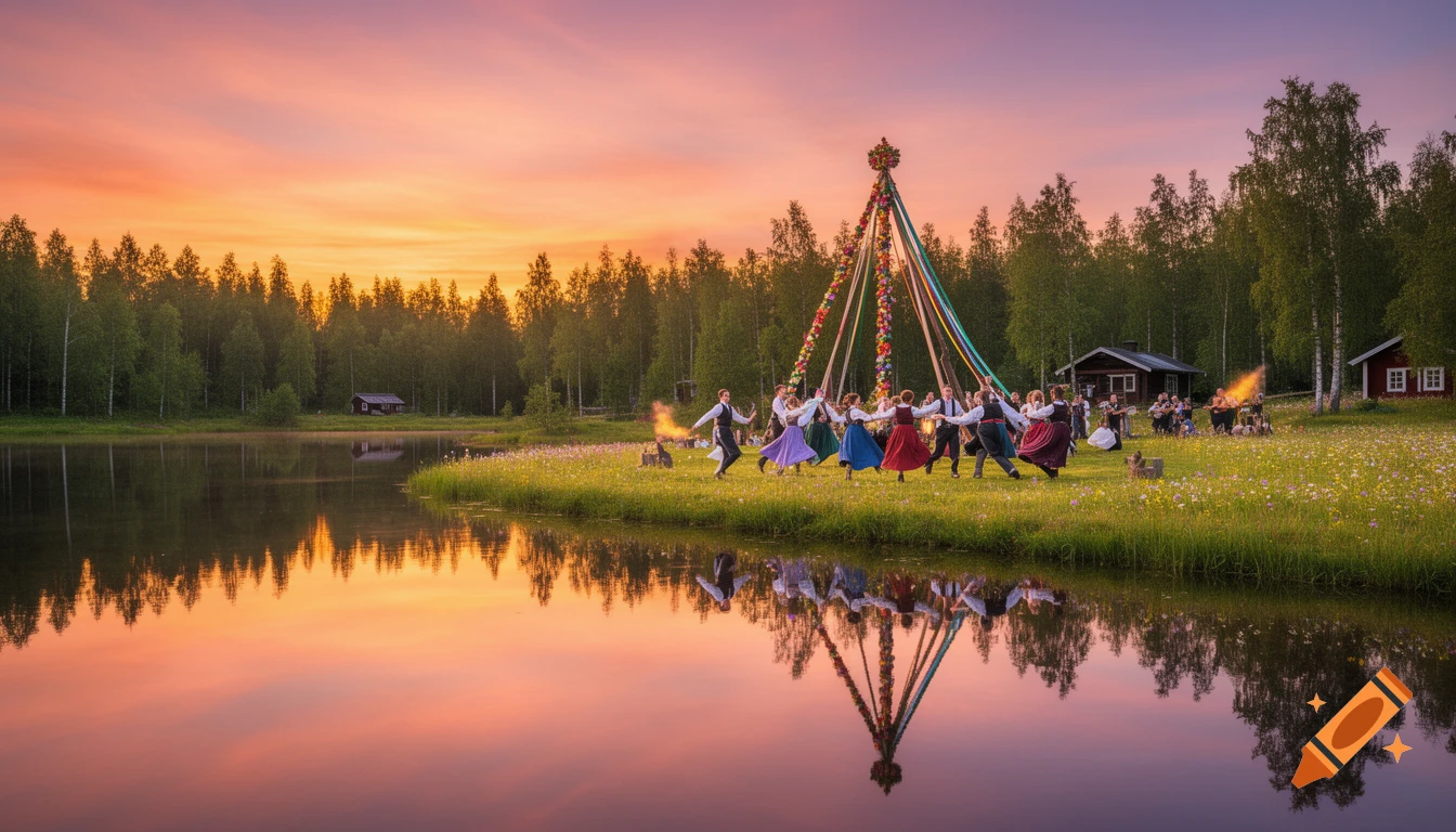 A festive Midsummer celebration with people dancing around a colorful maypole by a lake at sunset, surrounded by forests.