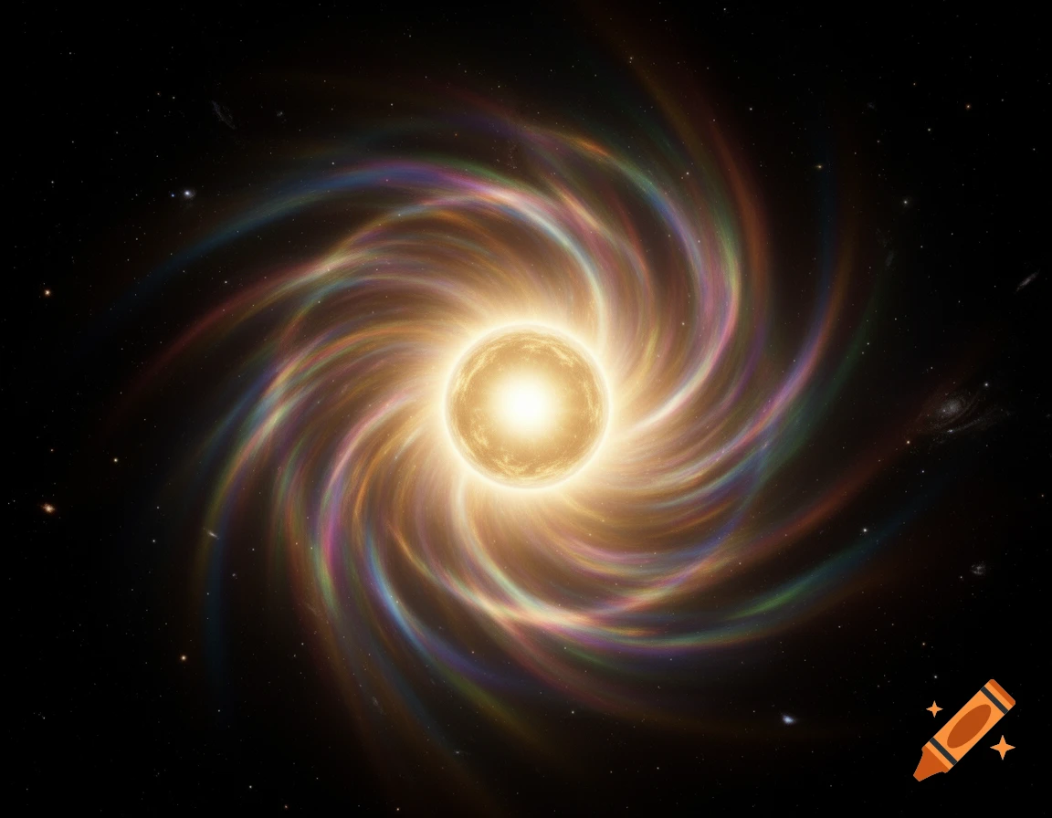 A bright, golden spherical object emits swirling, multi-colored energy against a dark, star-filled cosmic background.
