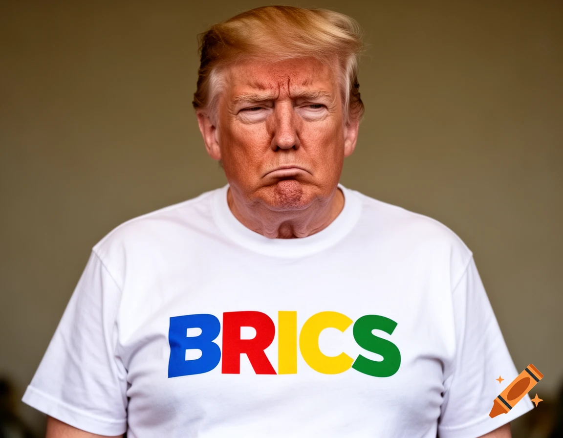 Donald Trump with a sad expression, wearing a white t-shirt with the word 'BRICS' in colorful letters.