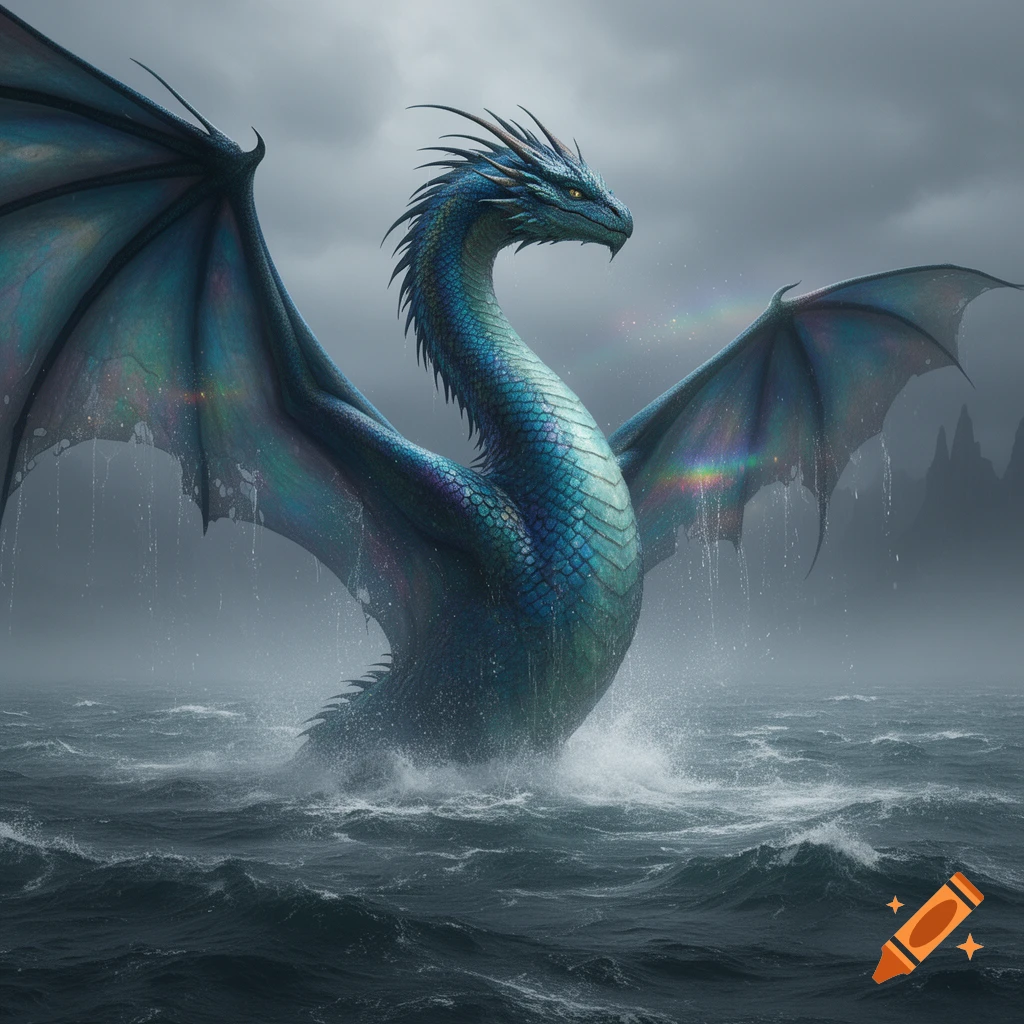 A large blue-green dragon emerges from a stormy sea, its wings spread wide under a cloudy sky.