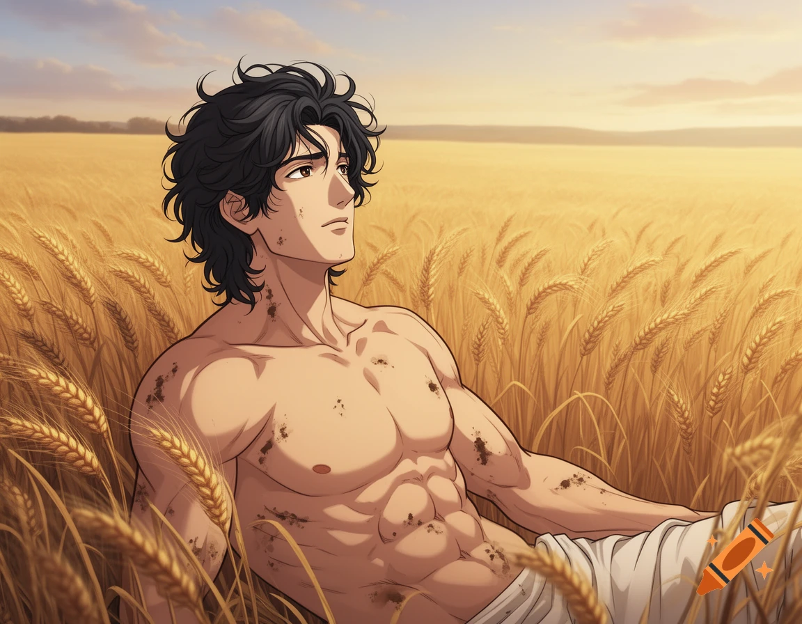 Anime-style shirtless muscular man with dark hair laying in a golden wheat field, looking up.