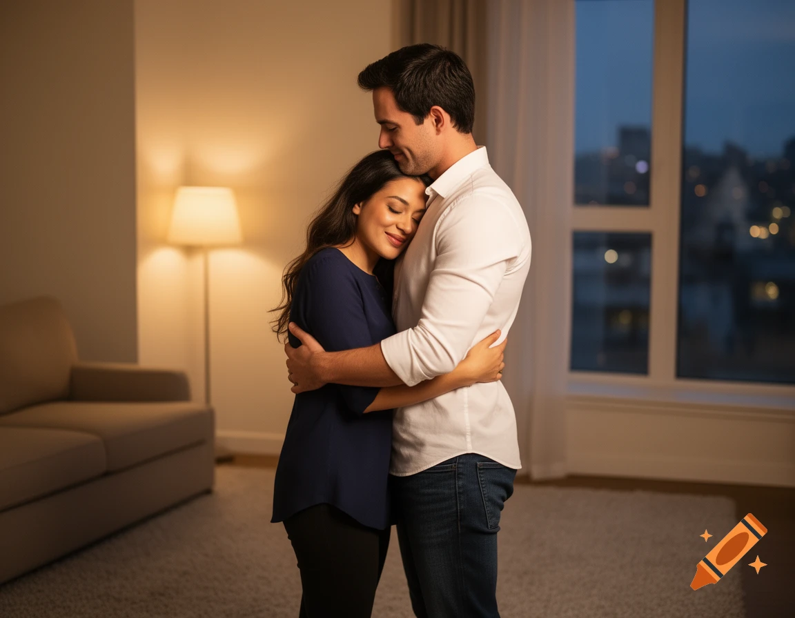 A man and woman embrace affectionately in a warm, dimly lit apartment with city lights visible through a window at dusk.