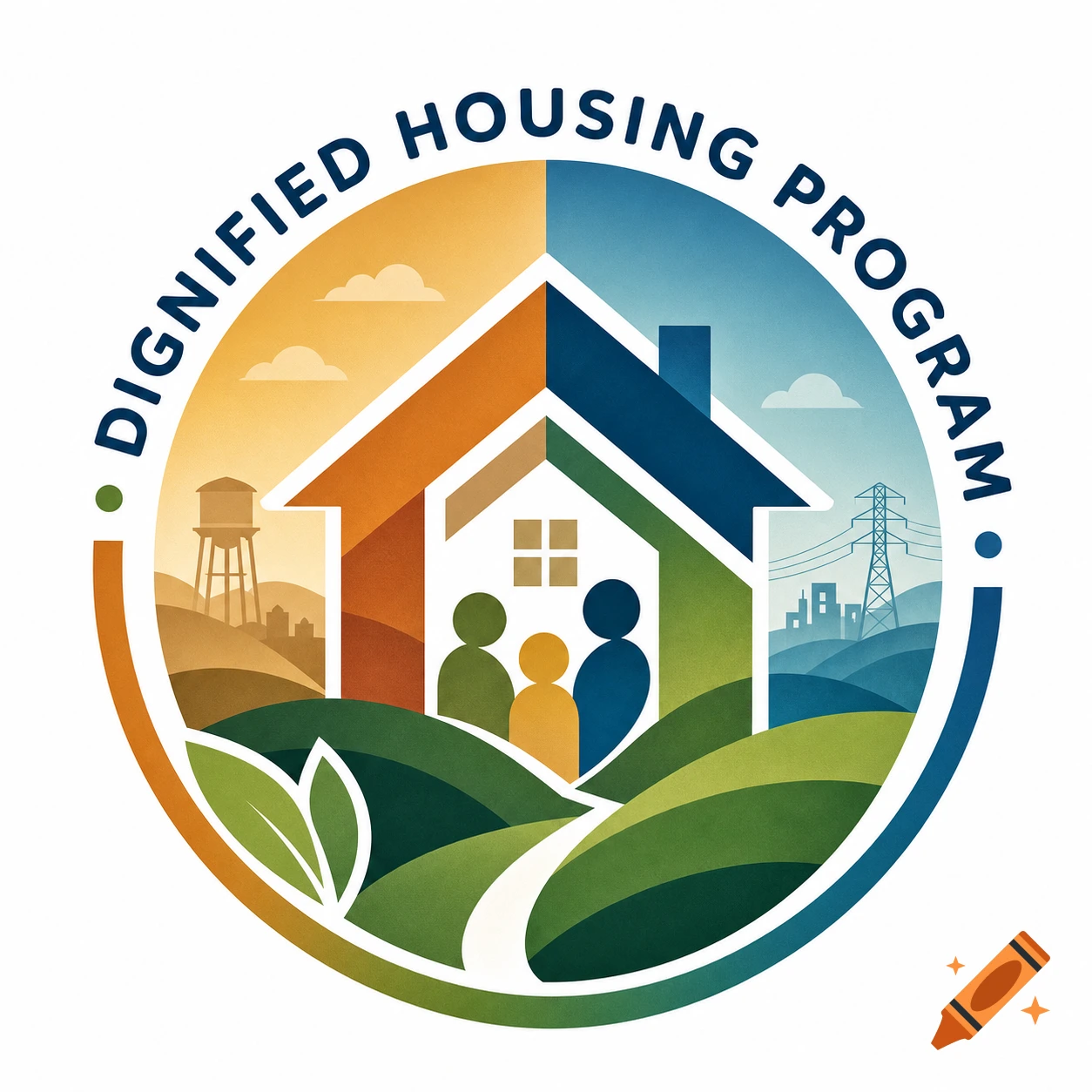 Circular logo for 'Dignified Housing Program' featuring a stylized house with three people inside, set against a landscape with hills, trees, a water tower, and power lines, in warm and cool tones.