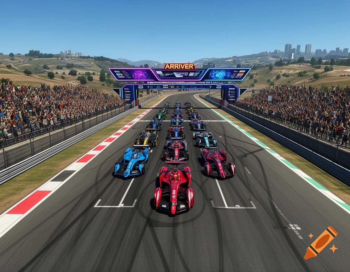 A bird's-eye view of a futuristic video game race with a line of colorful open-wheel cars on a track, spectators in the stands, and a large 'ARRIVER' banner over the finish line.