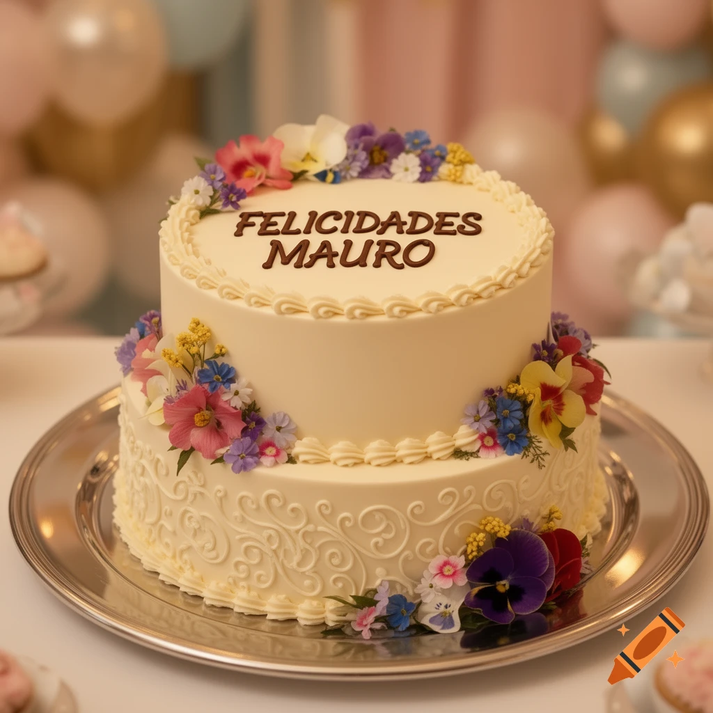 Two-tier white birthday cake decorated with colorful flowers and 'FELICIDADES MAURO' written in chocolate on top.