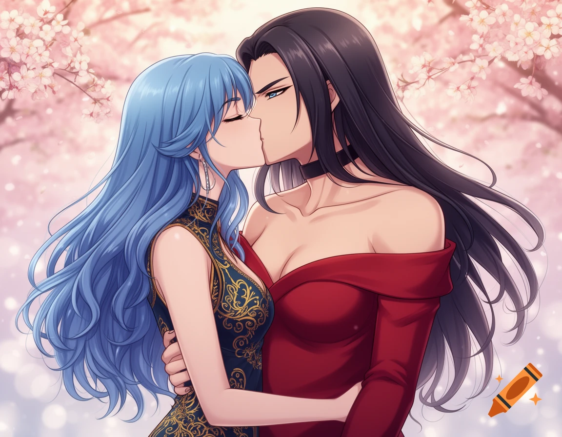 Two anime women, one with long blue hair and the other with long dark hair, kissing passionately under cherry blossoms.