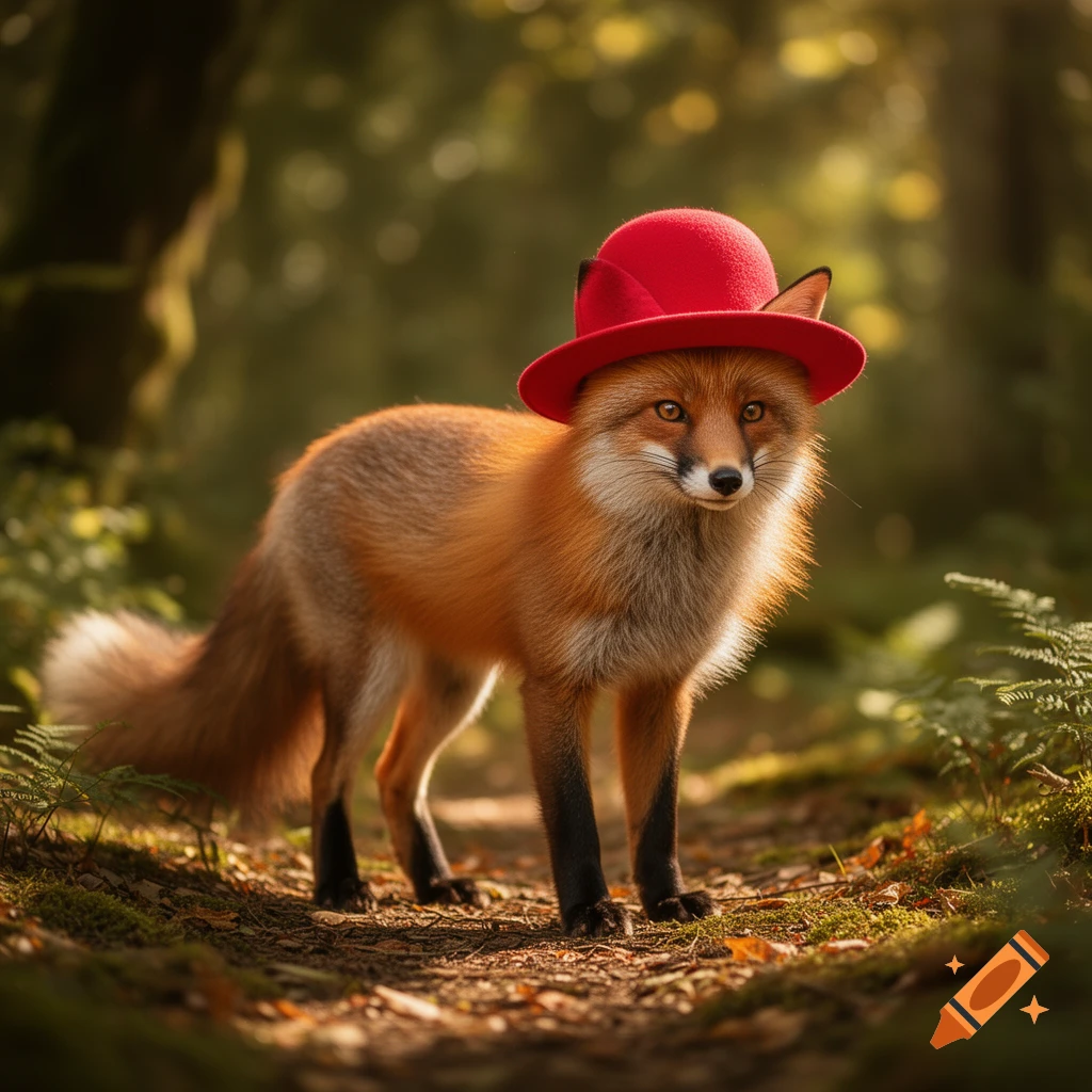 A photorealistic red fox wearing a red bowler hat stands on a leafy ...