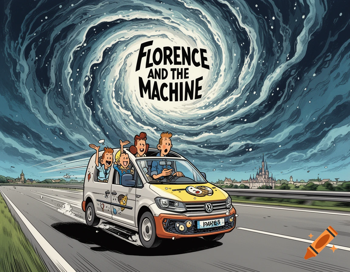 Tintin-style cartoon of a family in a white VW Caddy on a highway under a swirling stormy sky with "FLORENCE AND THE MACHINE" written in it. A castle is in the distance.