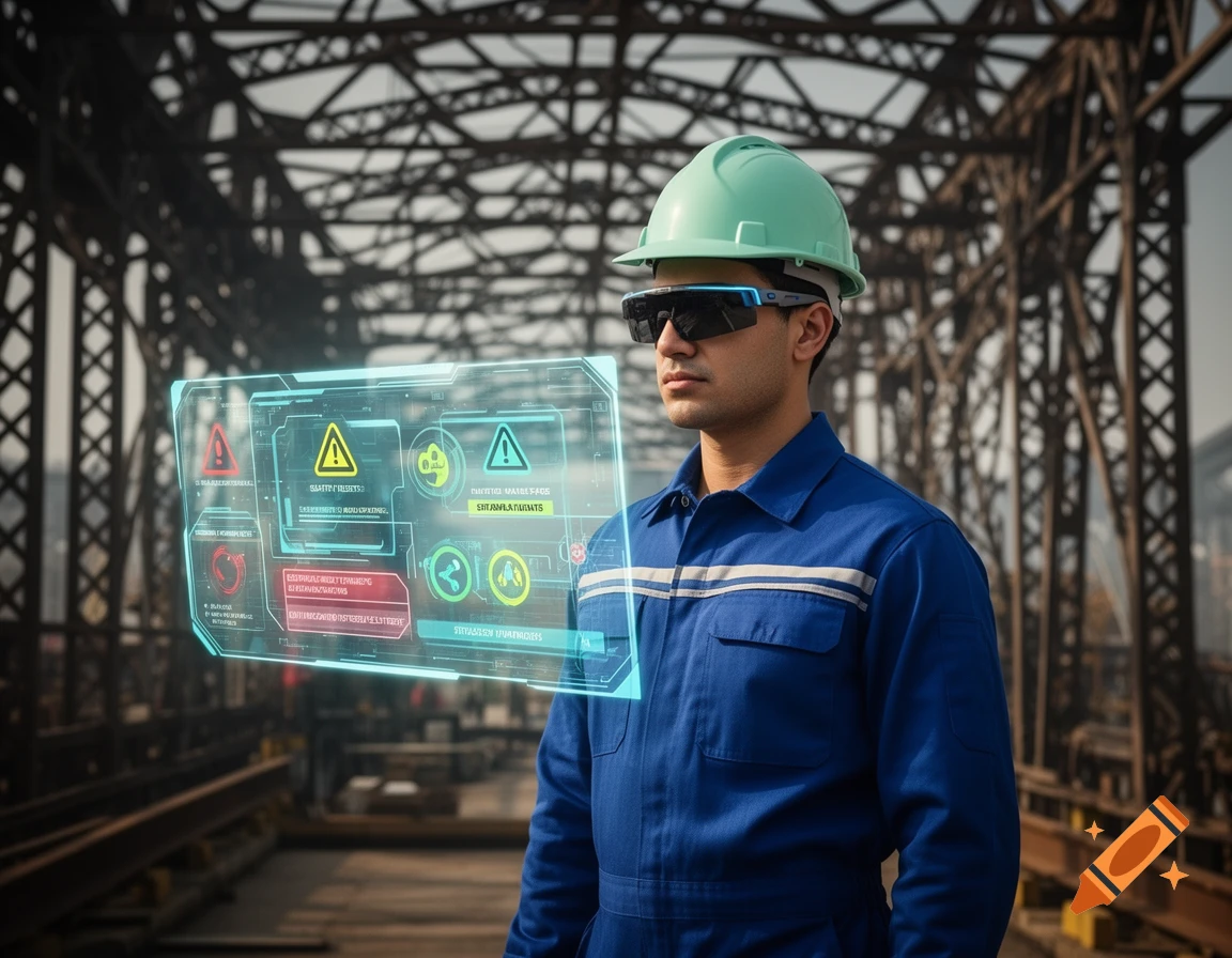 A man in a blue uniform and mint green hard hat wears smart glasses, looking at a floating holographic display showing data and warning symbols in an industrial setting.