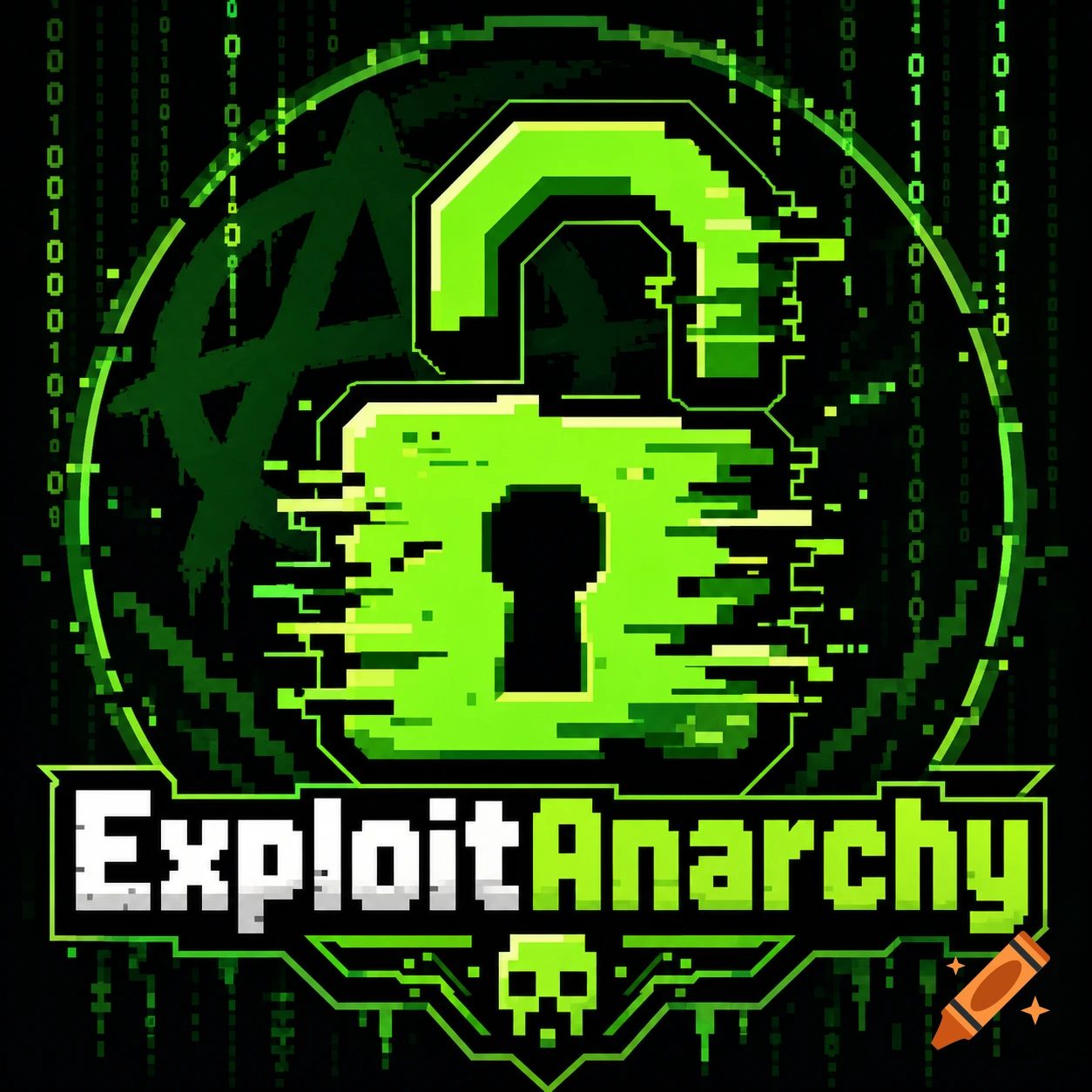 Pixel art logo for 'ExploitAnarchy' featuring a green glitched open padlock, binary code, and a skull icon at the bottom.