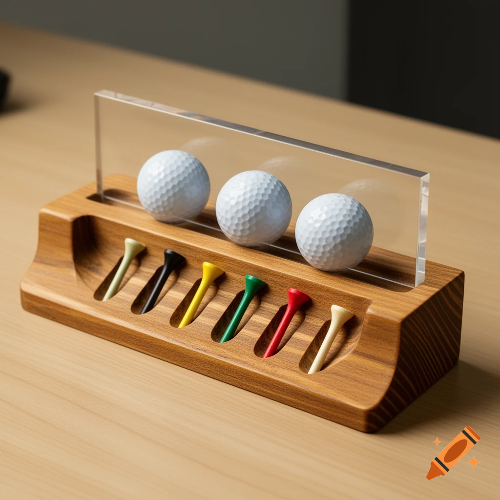 Photorealistic wooden golf caddy desk organizer with three golf balls behind a clear acrylic panel and six colorful golf tees.