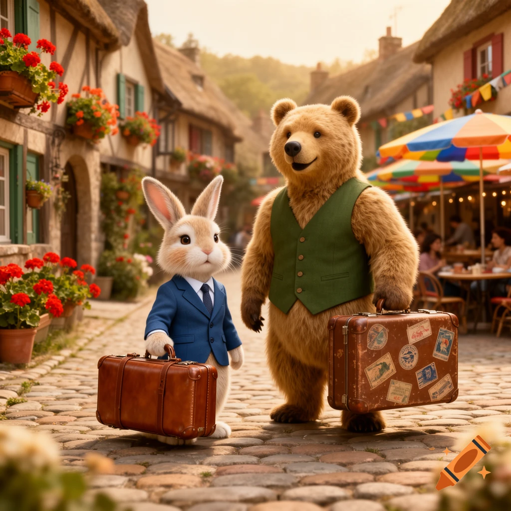 A photorealistic image of a rabbit in a blue suit and a bear in a green vest standing on a cobblestone street, each holding a brown suitcase, in a charming village.