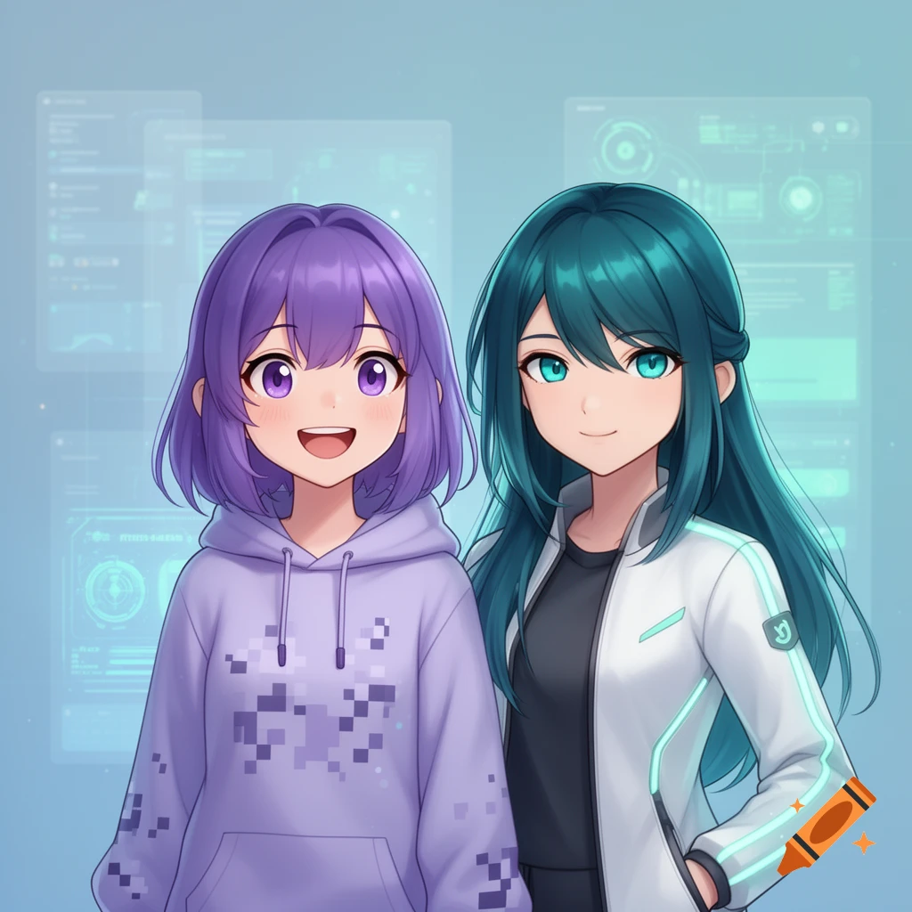 Two anime-style girls, one with purple hair and a hoodie, and one with teal hair and a white jacket, stand against a blue background with translucent digital UI elements.