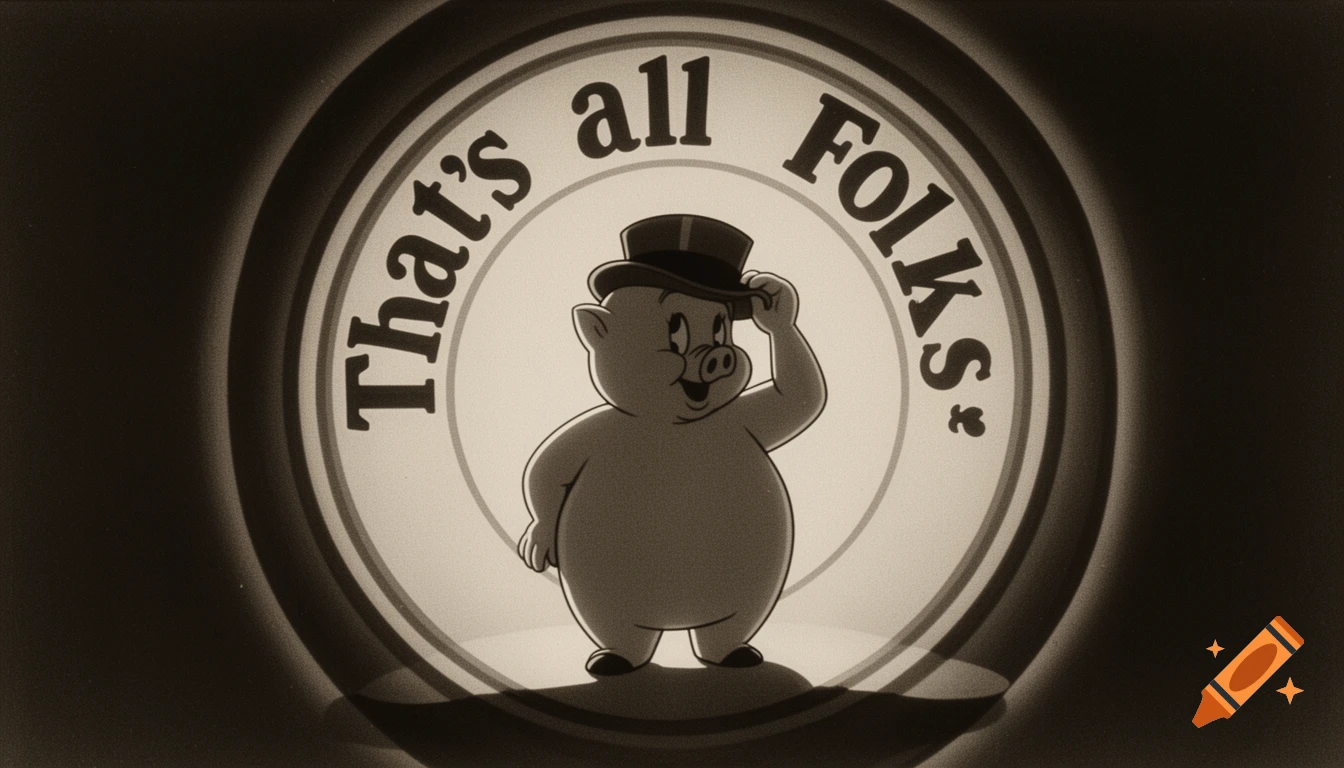 Porky Pig tipping his hat in a spotlight, with the text "That's all Folks" encircling him, in a classic black and white cartoon style.
