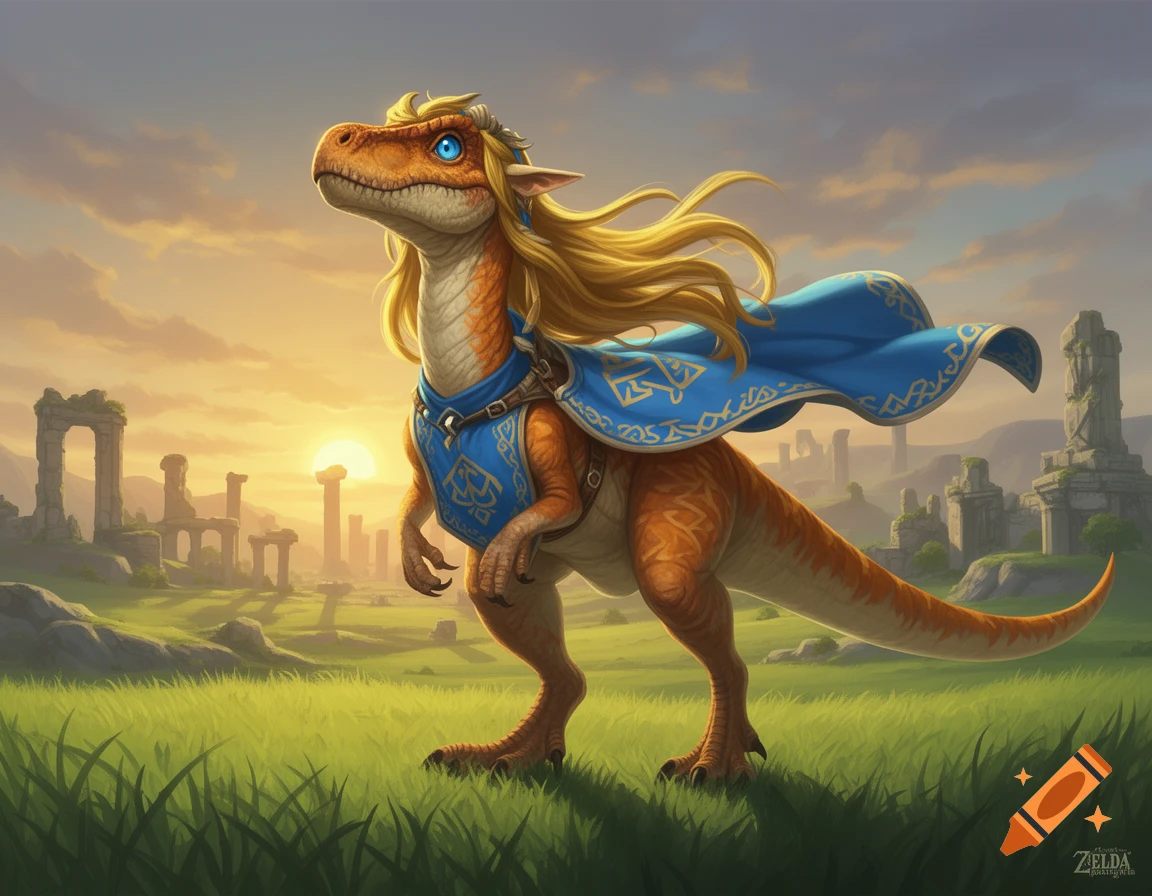 A cartoonish orange velociraptor wearing Zelda's blue tunic and blonde wig stands in a grassy field with ruins at sunset.