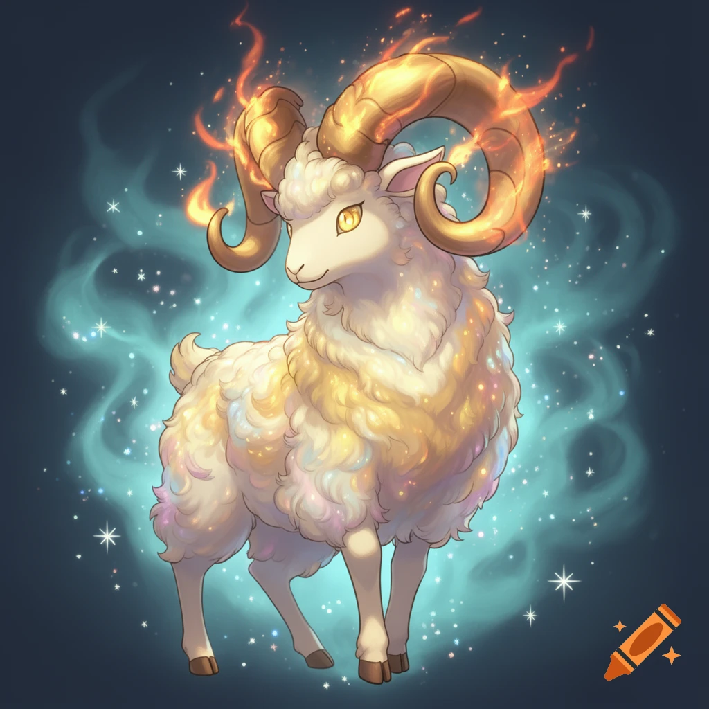 A whimsical, glowing ram-like creature with fiery horns and a sparkling coat stands amidst a blue mystical mist and stars.
