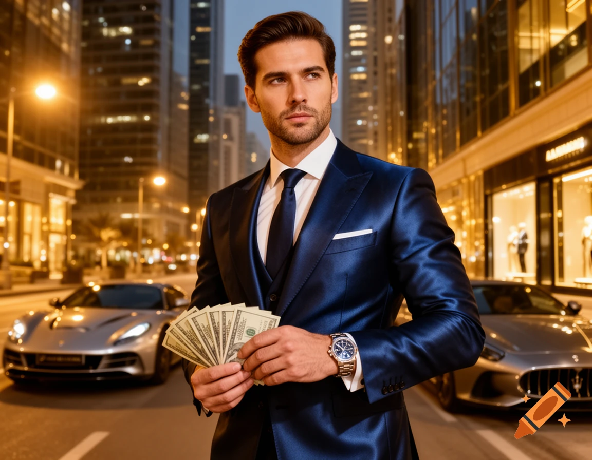 A confident man in a shiny blue suit holds a fan of money in a city street, flanked by silver luxury sports cars.