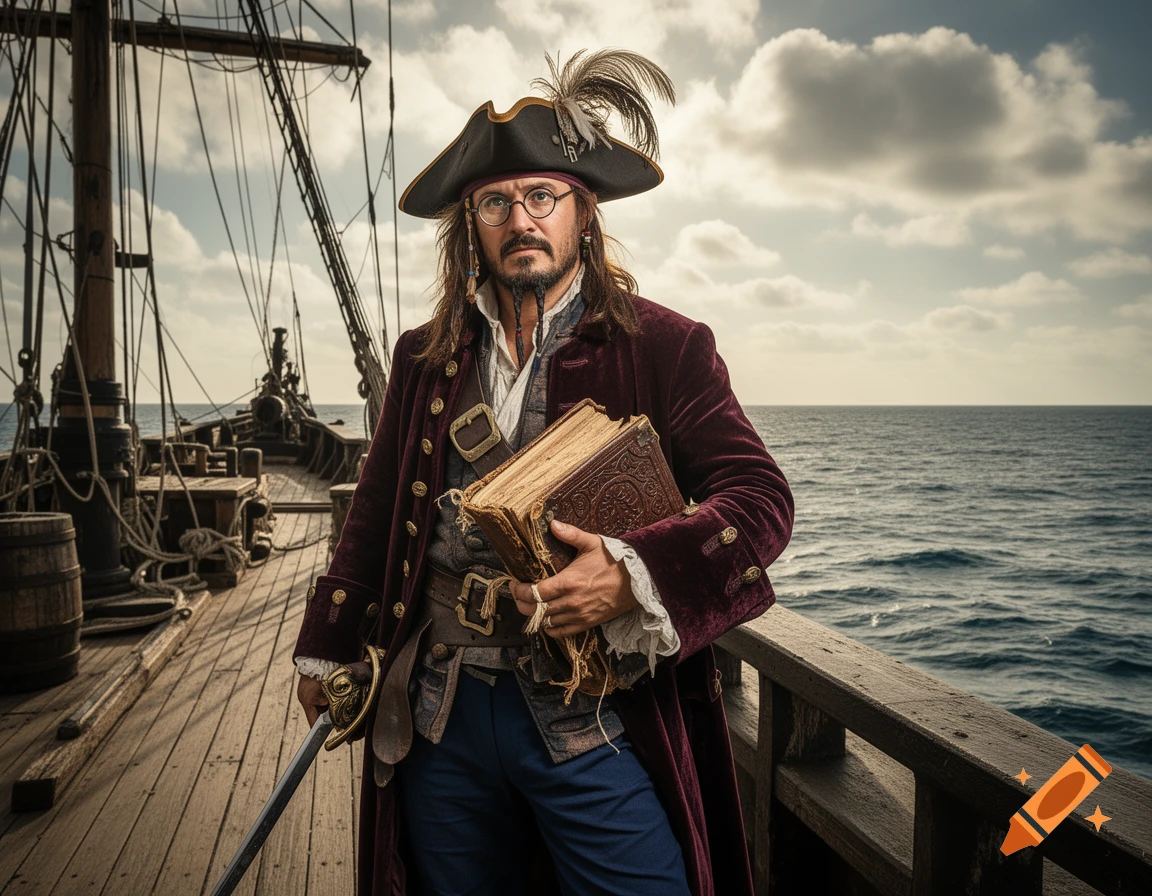 A long-haired pirate in a feathered hat, red coat, and glasses stands on a ship deck, holding a large book and a sabre.