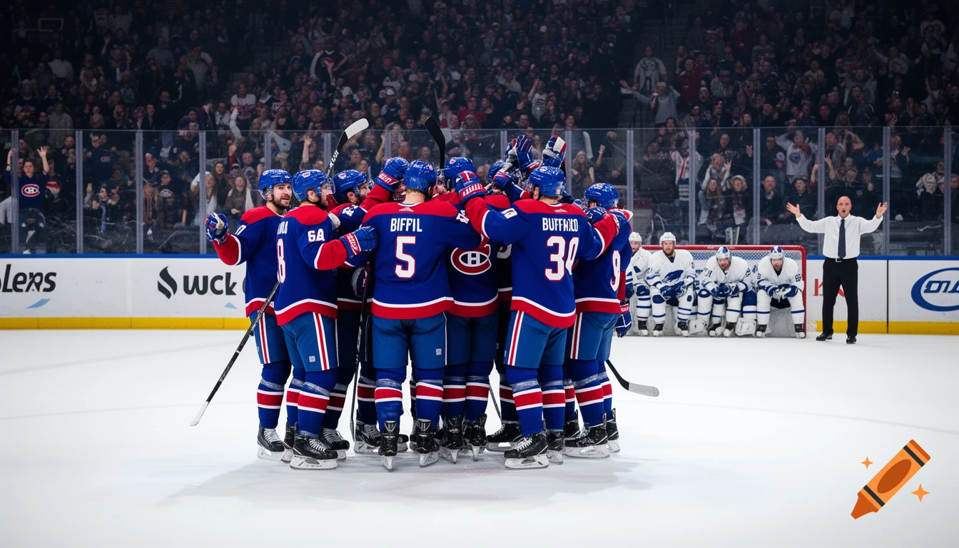 A team of hockey players in blue and red jerseys huddle and celebrate on the ice while another team in white sits on the bench and their coach yells at them.