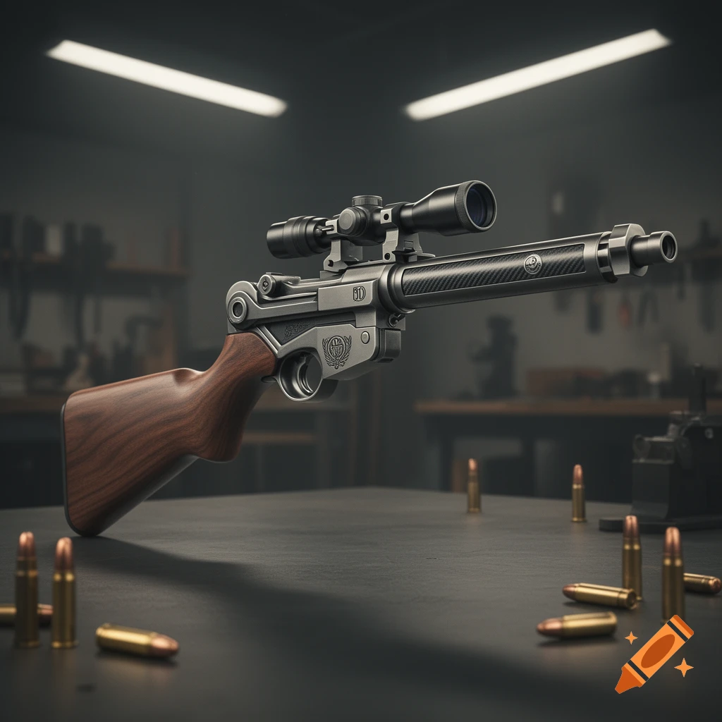 A custom, dark grey and wood-stocked Luger carbine rifle with a scope, lying on a dark table with several loose bullets around it in a dimly lit workshop.