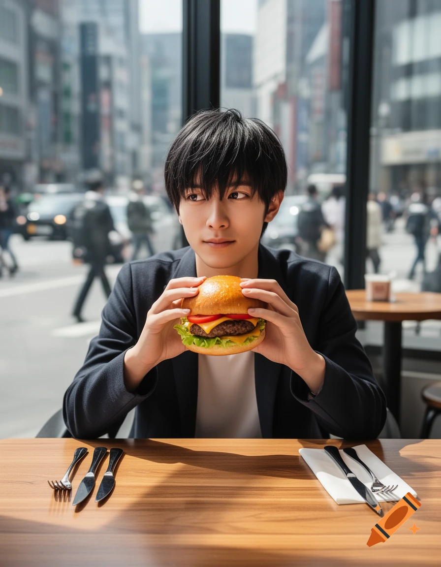 A young man with black hair holding a hamburger at a cafe table, with a city street visible outside.