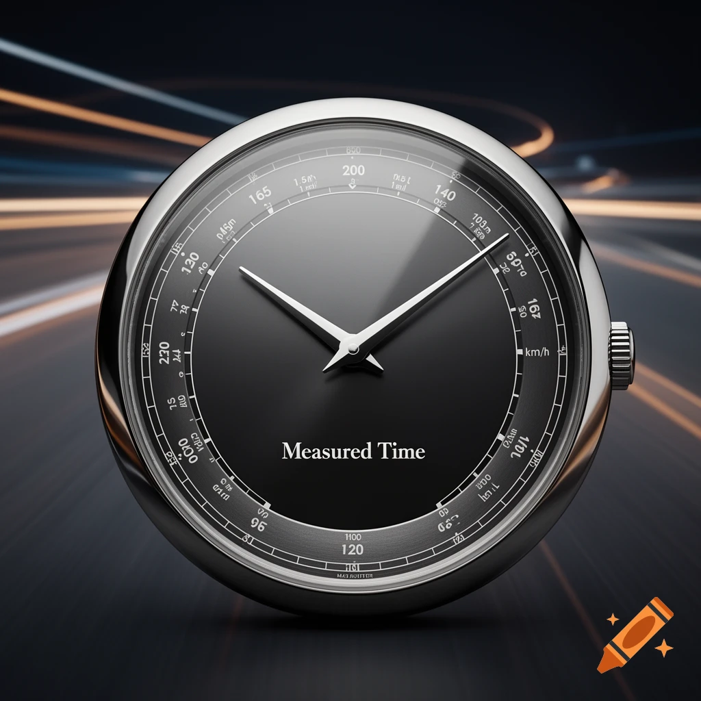 Photorealistic image of a sleek, black watch dial with silver trim and white hands, displaying 'Measured Time' against a blurred road background.