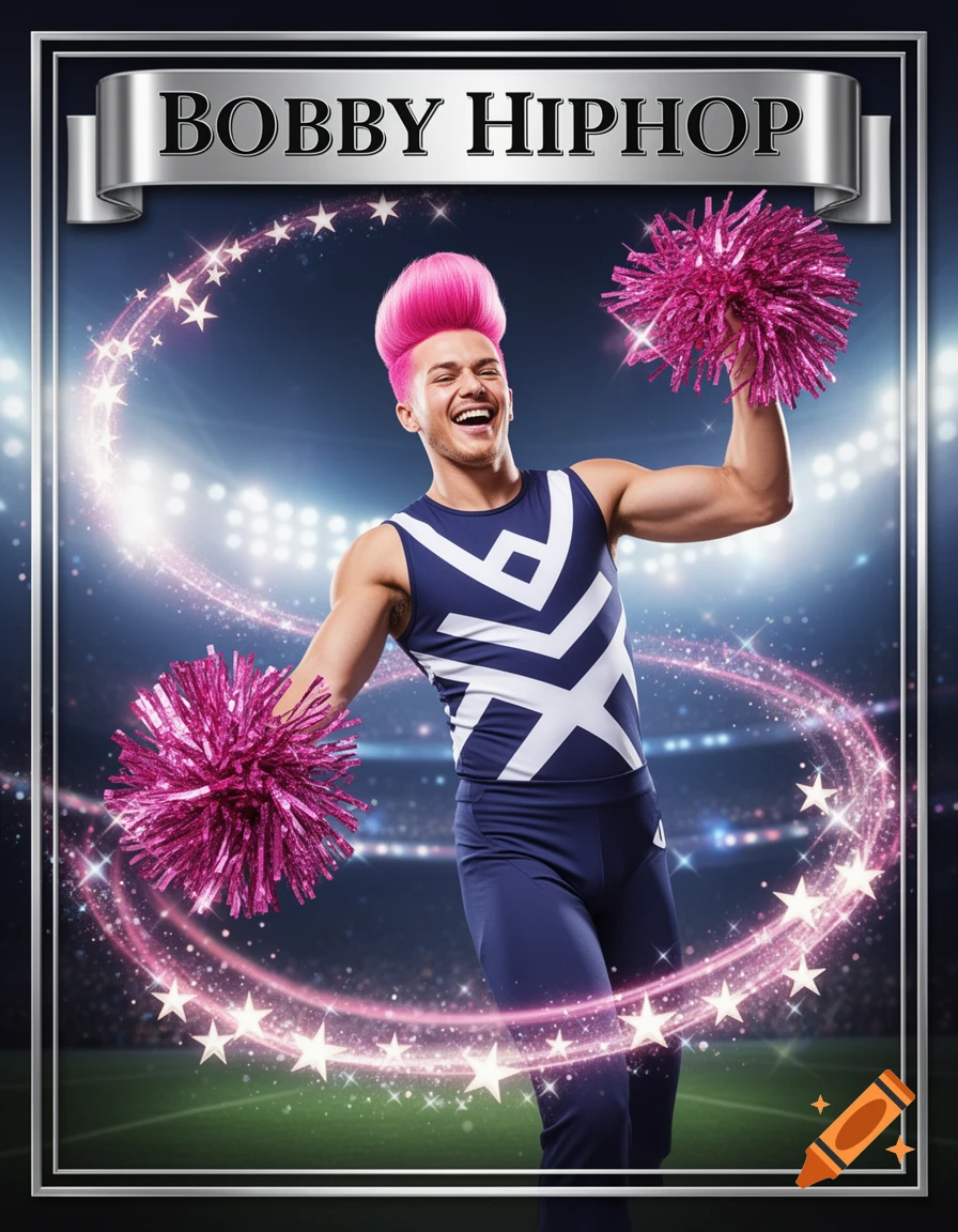 A male cheerleader with pink hair and pink pom-poms in a dark blue uniform on a sports card, with 'BOBBY HIPHOP' text.