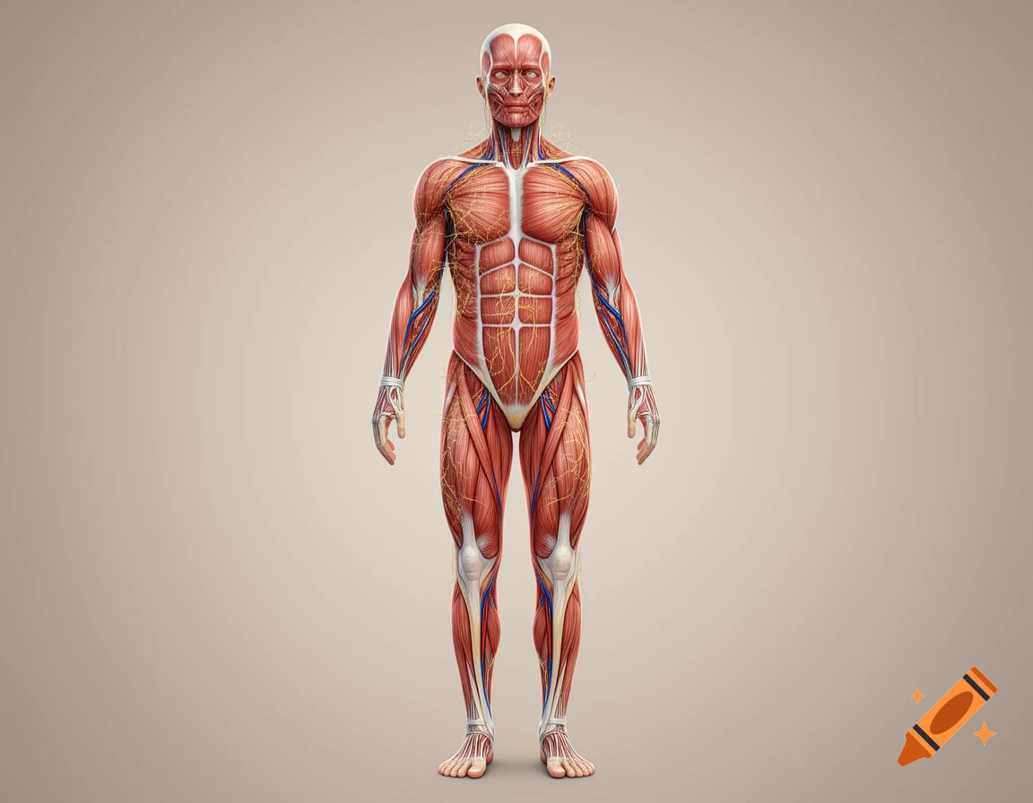 Highly detailed, realistic anatomical diagram of a human body, showcasing muscles, nerves, and bones.