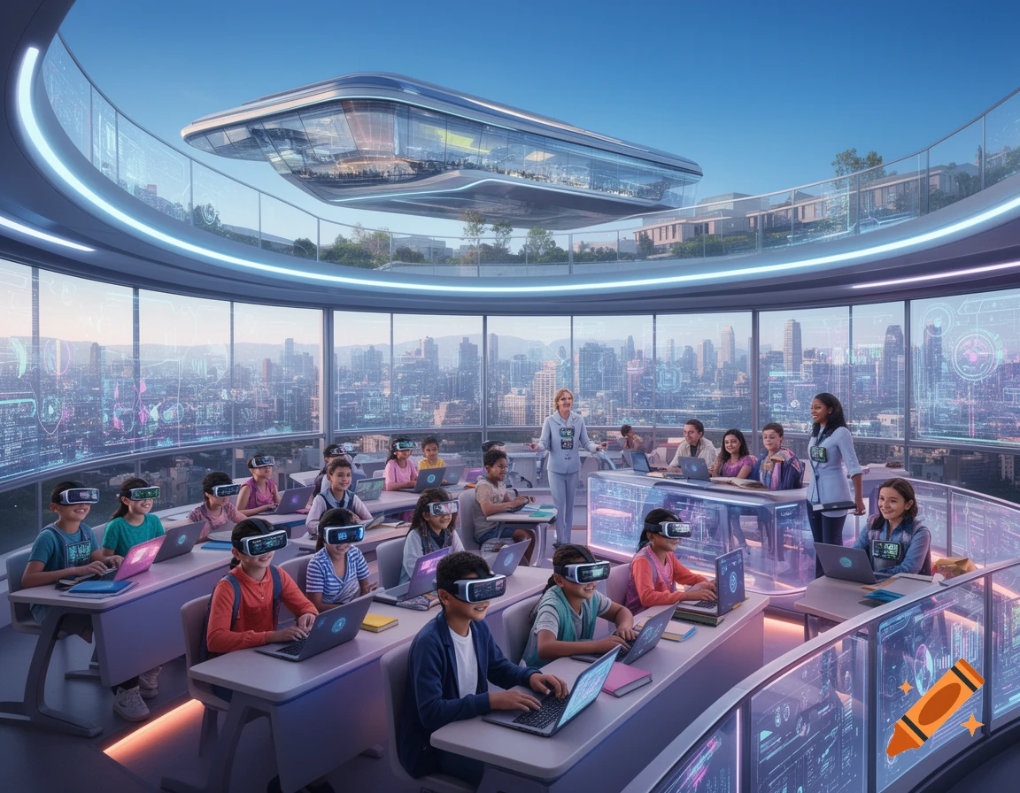 A futuristic classroom with students wearing VR headsets and using laptops, overlooking a cybernetic city, with a flying building above.
