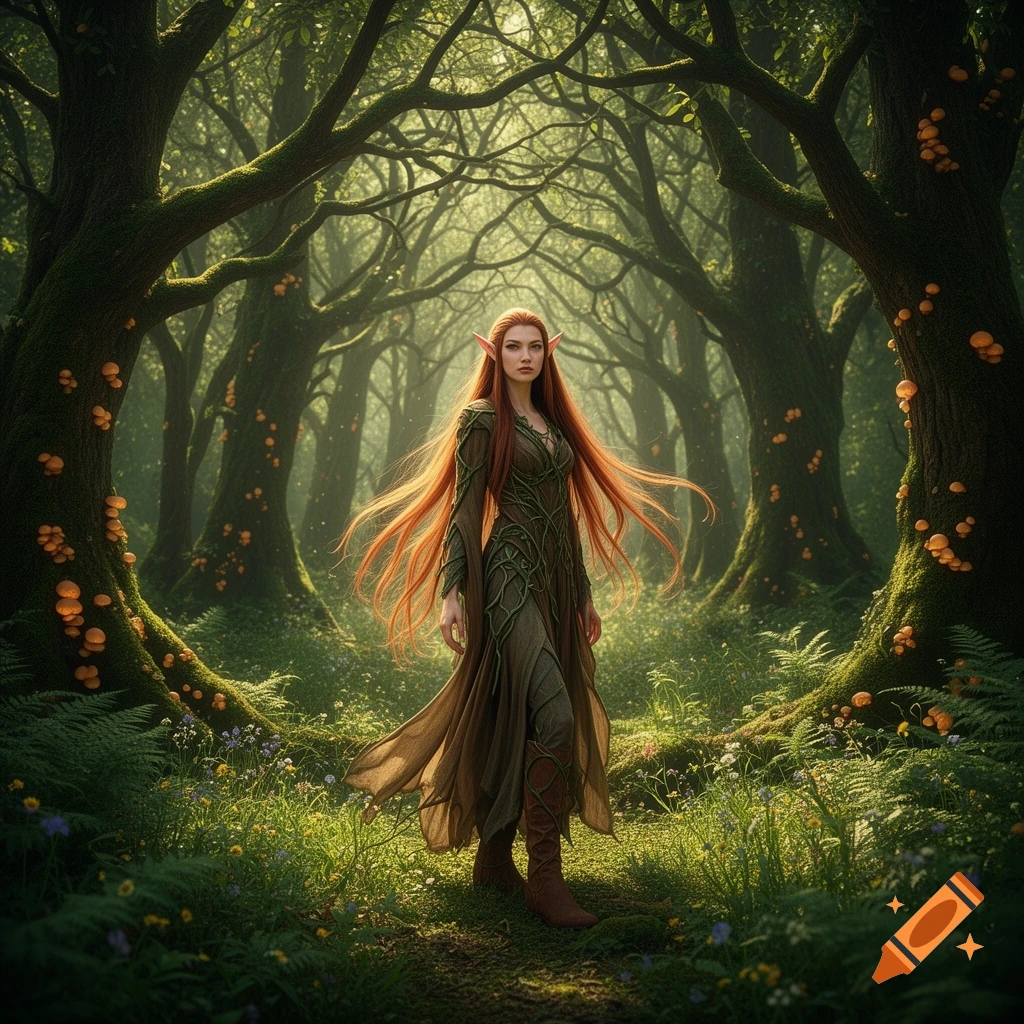 A photorealistic image of a beautiful red-haired wood elf in a mystical, moss-covered forest, bathed in dappled sunlight.