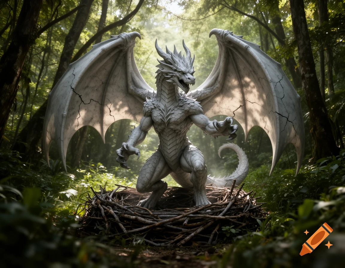 A photorealistic white stone dragon statue with wings crouches protectively in a nest of branches in a sun-dappled forest.