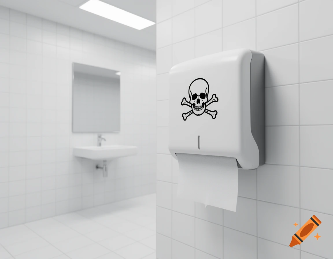 White-tiled public restroom with a paper towel dispenser displaying a black skull and crossbones symbol, with a sink and mirror in the background.