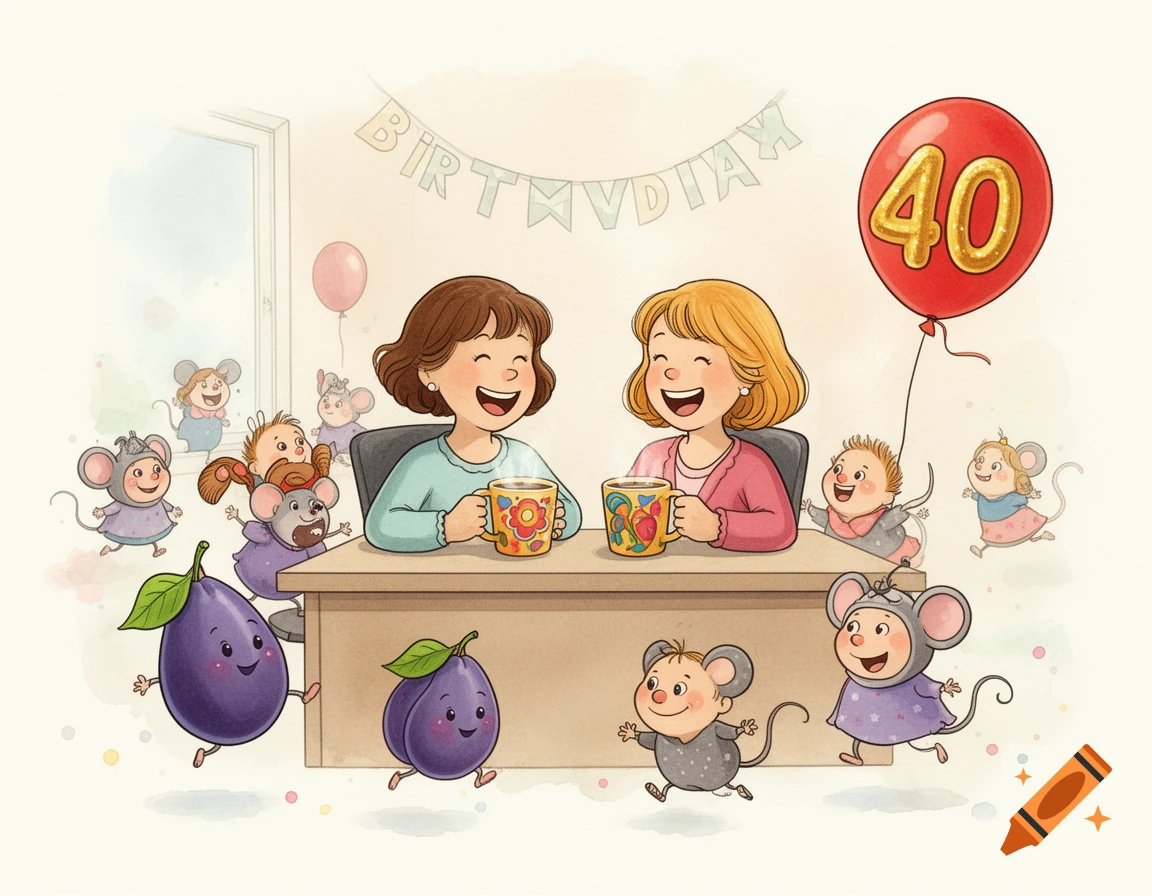 A heartwarming children's book illustration of two mothers laughing at a desk, with kids dressed as mice and plums, celebrating a birthday.