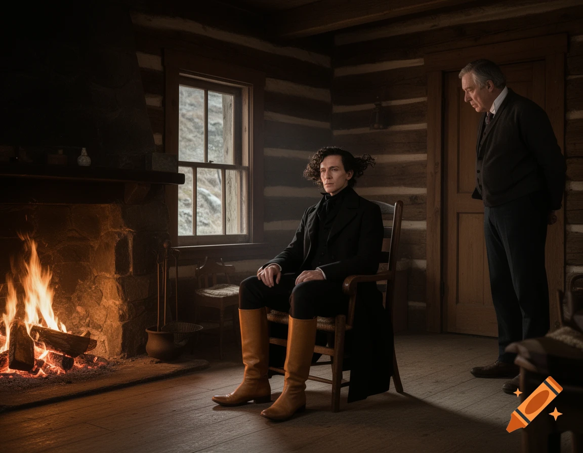A man in a black coat and brown boots sits by a crackling fireplace in a rustic log cabin, with another man standing. Photorealistic.