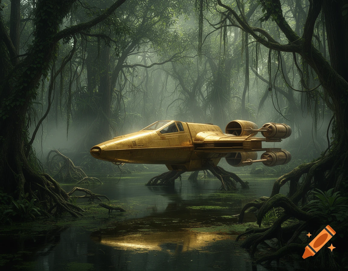 A golden Y-wing spaceship rests in a misty, dark green swamp with large tree roots and reflective water.